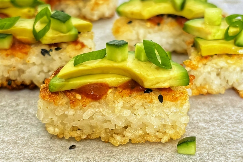 crispy sushi rice cakes on baking tray