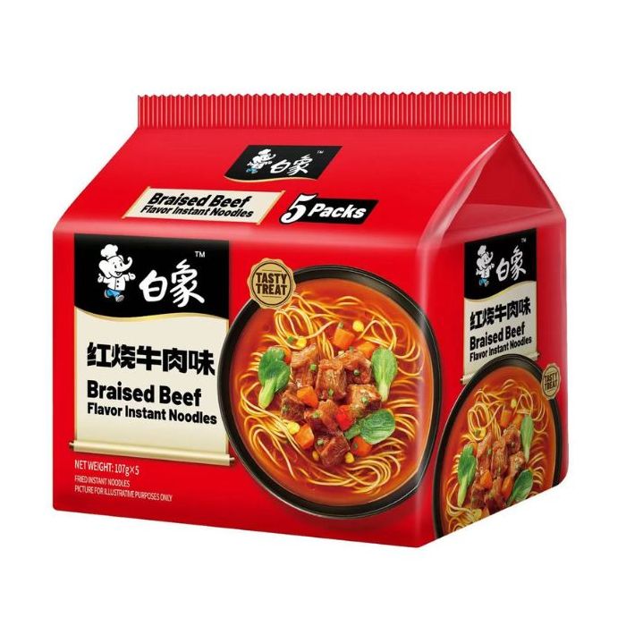 BAIXIANG Tasty Treat Braised Beef Flavor Instant Noodles 107g (Pack of 5) 白象味鮮美經典紅燒牛肉口味麵（五連包）
