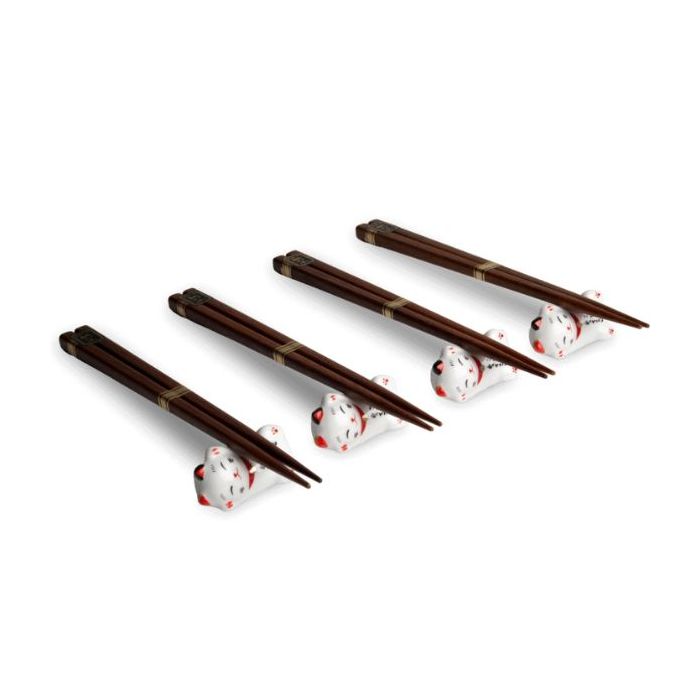 EMRO KITCHENWARE Cat Chopsticks Box Set with holders (x4 Pairs ) 