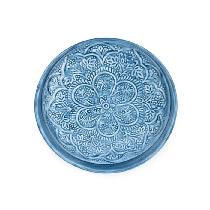 Candlelight 32cm Round Metal Embossed Tray with Blue 