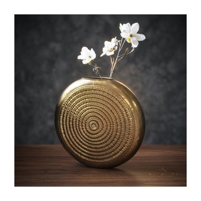 Candlelight Oval Embossed Metal Vase - Antique Gold Finish