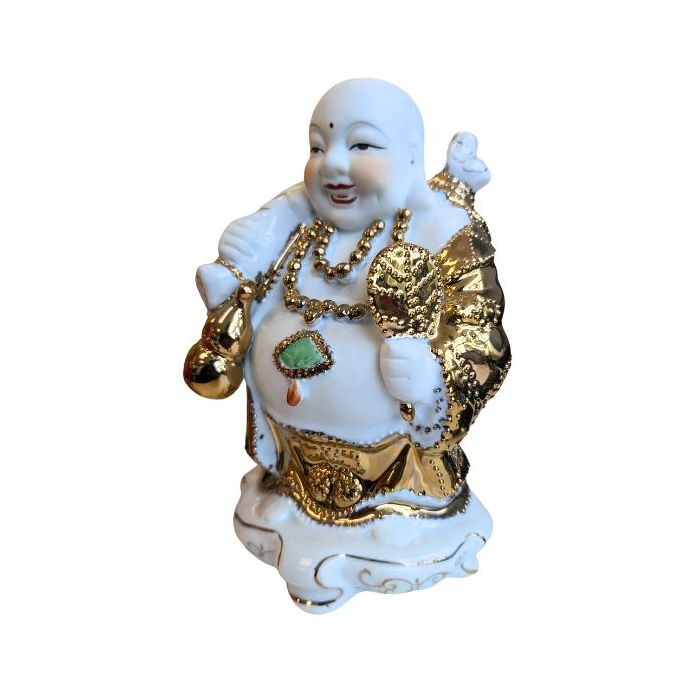 Feng Shui Gold and White Buddha with Fan and Gourd Statue 8" high 