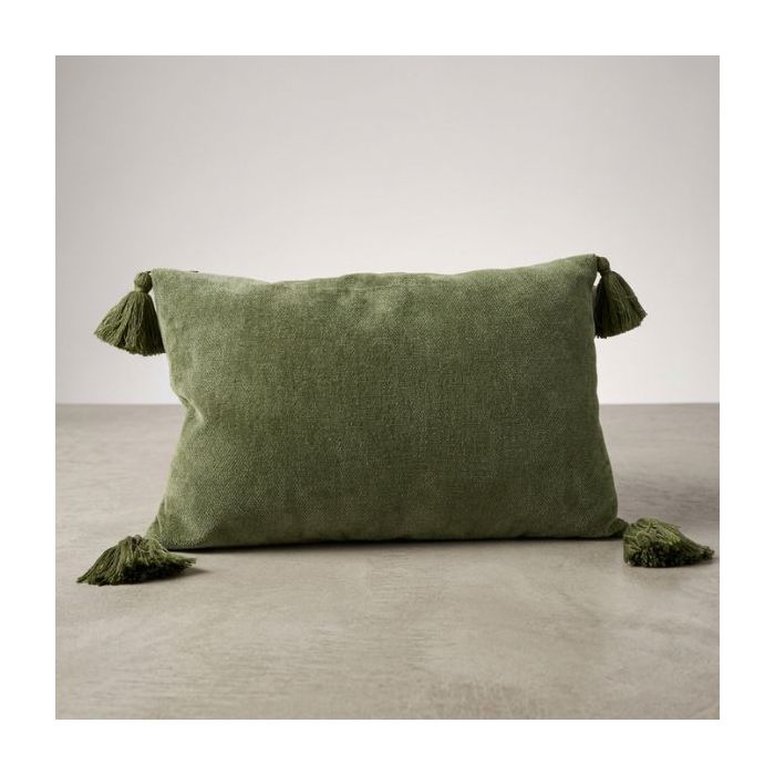 Candlelight Chenille Tasselled Rectangular Cushion - Green 40x60cm