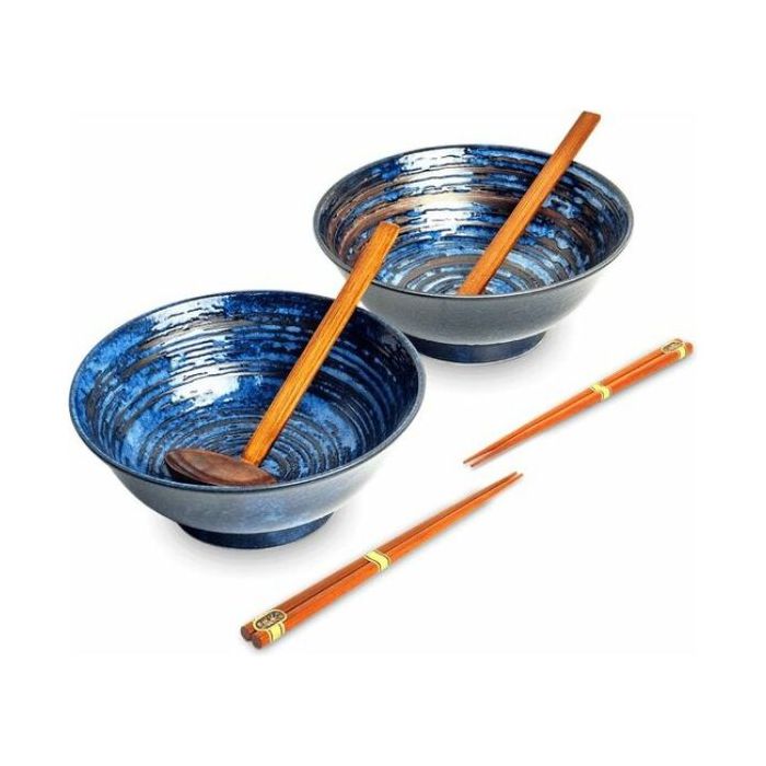 EMRO EDO JAPAN Luxury Blue Uzu Ramen Bowl Set 6 Piece - Ã˜22 / H9 cm with Wooden Spoon & Chopsticks 