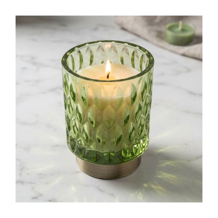 Candlelight LED Lamp Table Embossed Green and Brushed gold 15cm