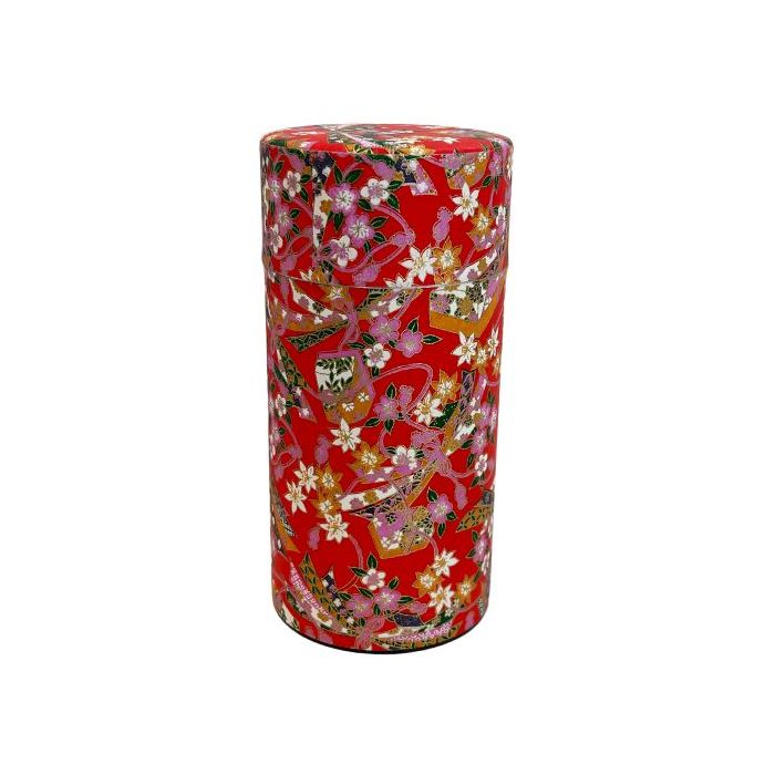 Japanese Matsuri Red Flowers Washi Paper Wrapped Tea Canister (L) - Japanese Chazutsu 