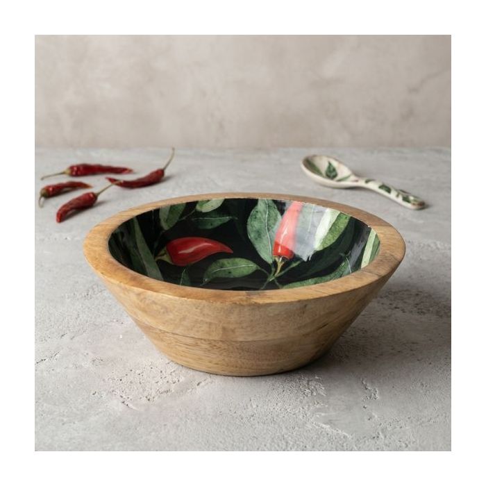 Candlelight Medium Mango Wood Bowl - Enamel Chilli Print 20cm