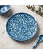 Candlelight 32cm Round Metal Embossed Tray with Blue 