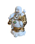 Feng Shui Gold and White Buddha with Fan and Gourd Statue 8" high 