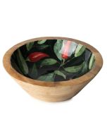 Candlelight Medium Mango Wood Bowl - Enamel Chilli Print  20cm 