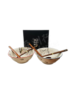 EMRO Ramen bowls set (2 bowls, 2 pairs of chopsticks, 2 spoons) - white cat pattern 