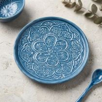 Candlelight 32cm Round Metal Embossed Tray with Blue