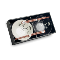 EMRO Bowl Set Black & White Cat & Chopsticks  
