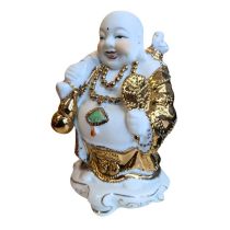 Feng Shui Gold and White Buddha with Fan and Gourd Statue 8" high 