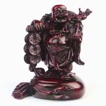 Feng Shui Chinese Money Bag Buddha Statue - Antique Red Resin 