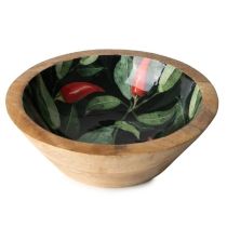 Candlelight Medium Mango Wood Bowl - Enamel Chilli Print  20cm 