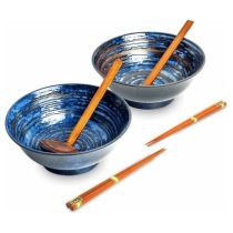 EMRO EDO JAPAN Luxury Blue Uzu Ramen Bowl Set 6 Piece - Ã˜22 / H9 cm with Wooden Spoon & Chopsticks 