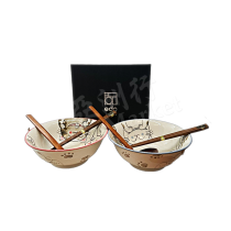 EMRO Ramen bowls set (2 bowls, 2 pairs of chopsticks, 2 spoons) - white cat pattern 