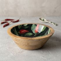 Candlelight Medium Mango Wood Bowl - Enamel Chilli Print 20cm