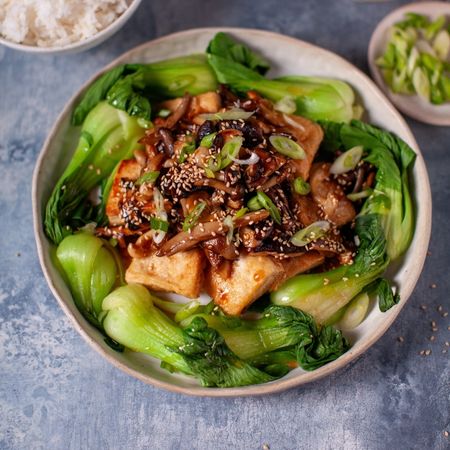 Crispy Tofu with Stir-Fried Mixed Mushrooms and Pak Choi Recipe