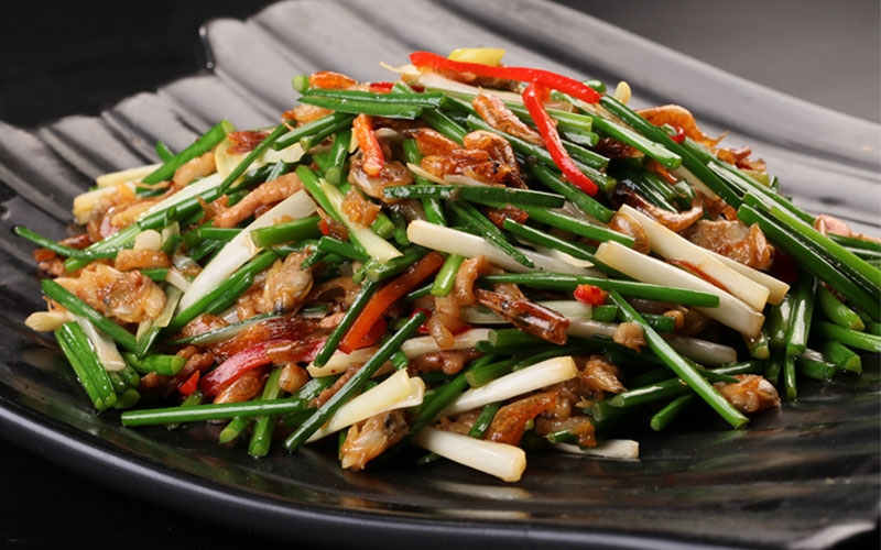 Stir Fried Chinese Chive Flower with Dried Shrimp and Squid in XO Sauce